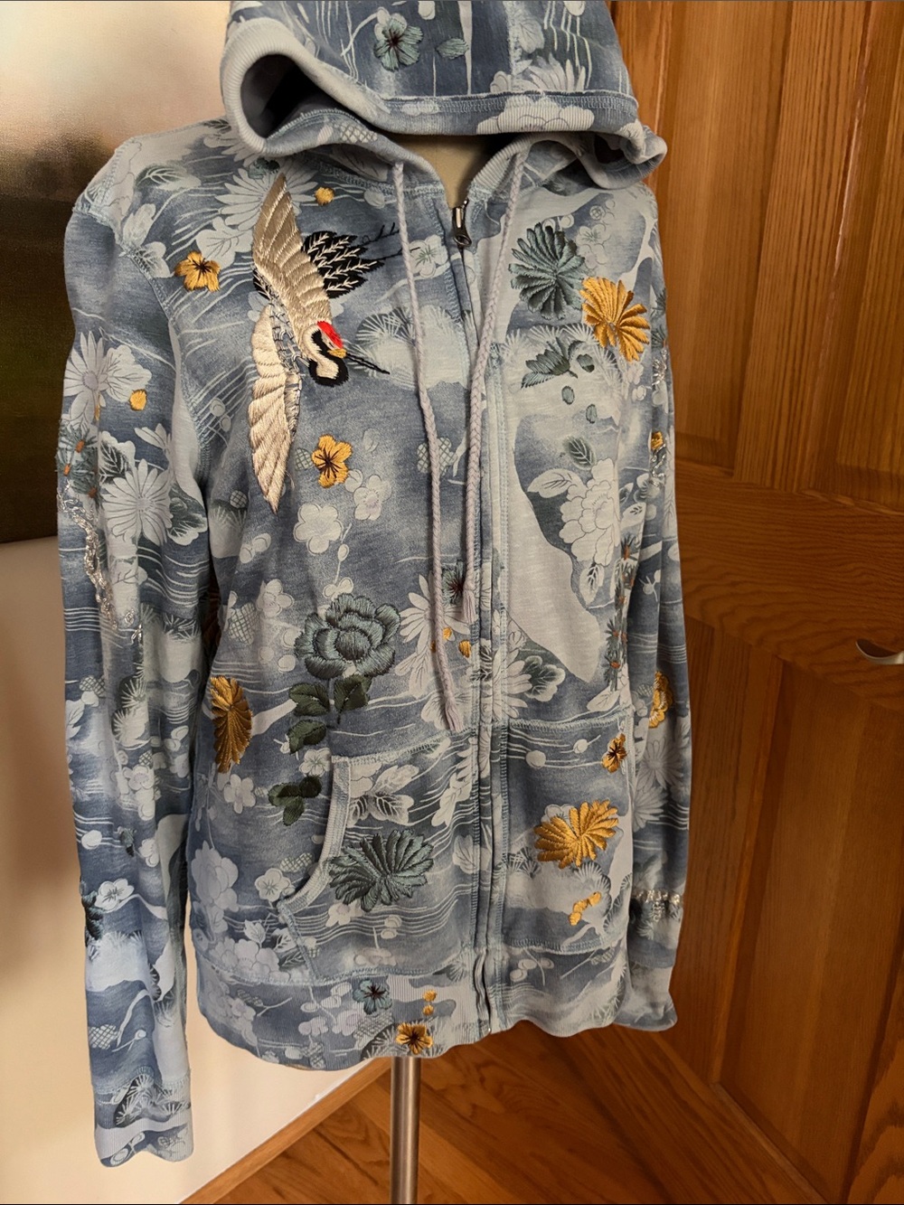 Lucky Brand Light Blue Embroidered Crane Floral Bomber Hoodie